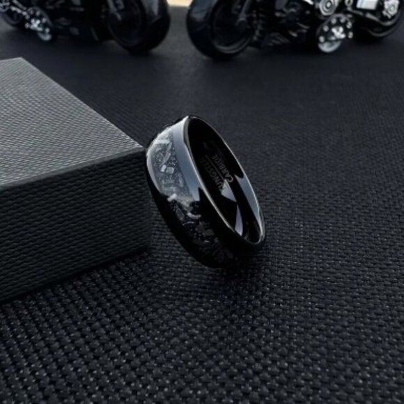 Men's 8mm Gunmetal Black Tungsten Ring with Synthetic Meteorite Inlay Modern - Picture 4 of 7